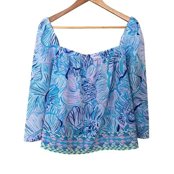 Lilly Pulitzer Women's Lizzie Top Bermuda Blue Fishful Thinking Engineer… - Picture 2 of 13